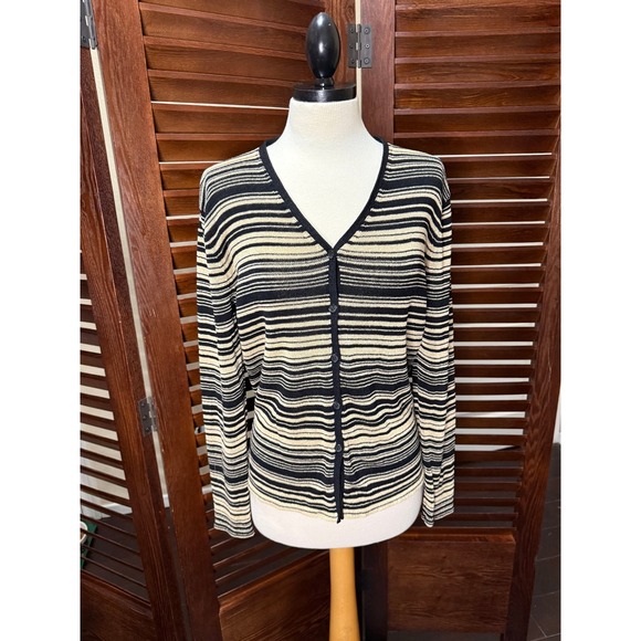 Jones New York Sweaters - JONES NEW YORK Womens Cardigan Sweater M Black Beige Stripe V-Neck Button Front